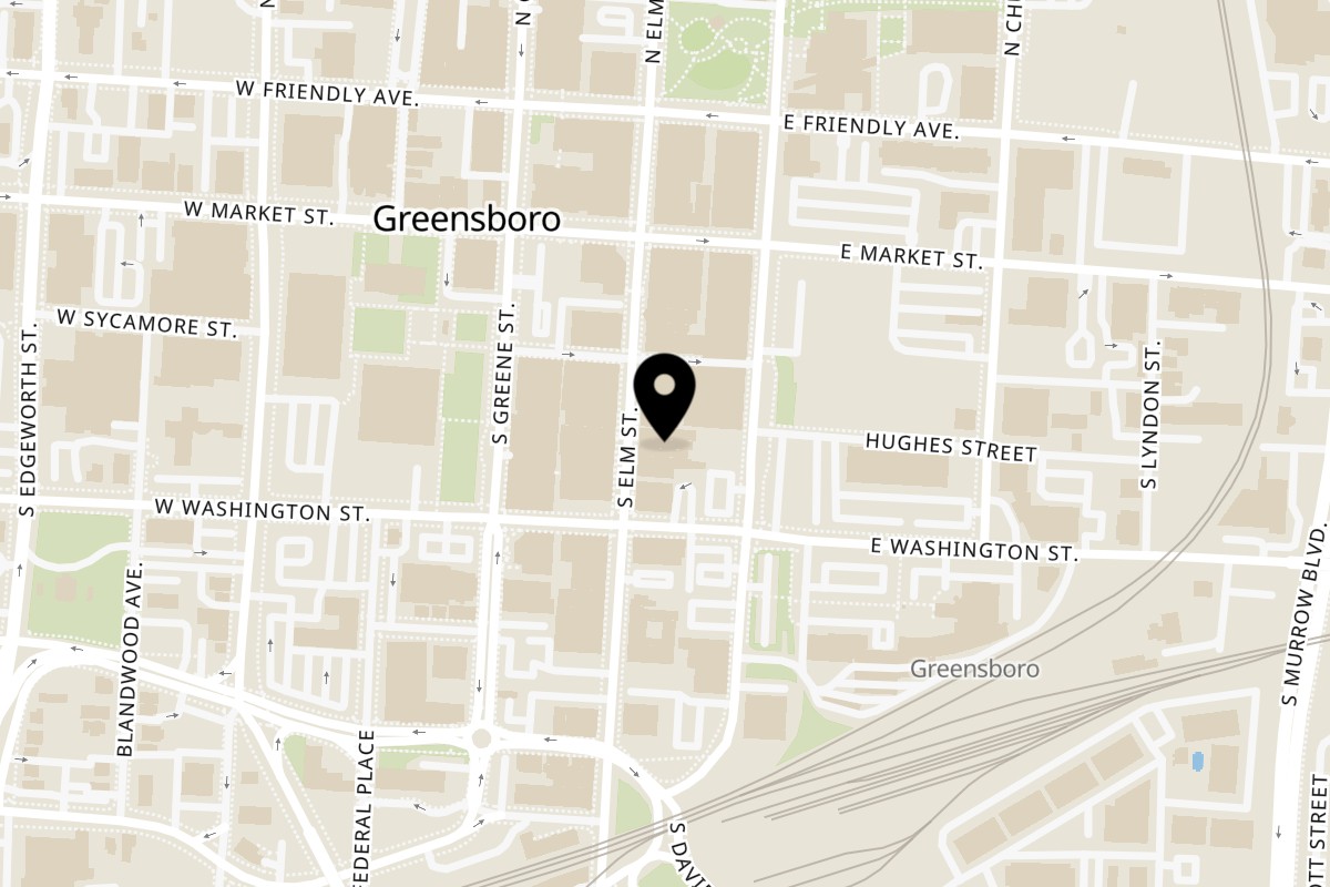 Map showing the location of La Pura Vida NC on 221 S Elm St in Greensboro